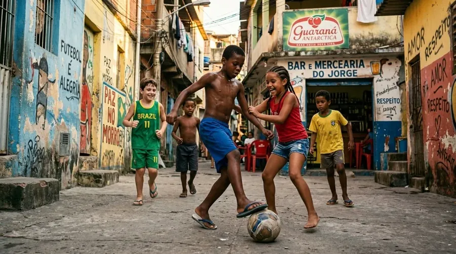 Crianças jogando futebol na rua com talento e paixão