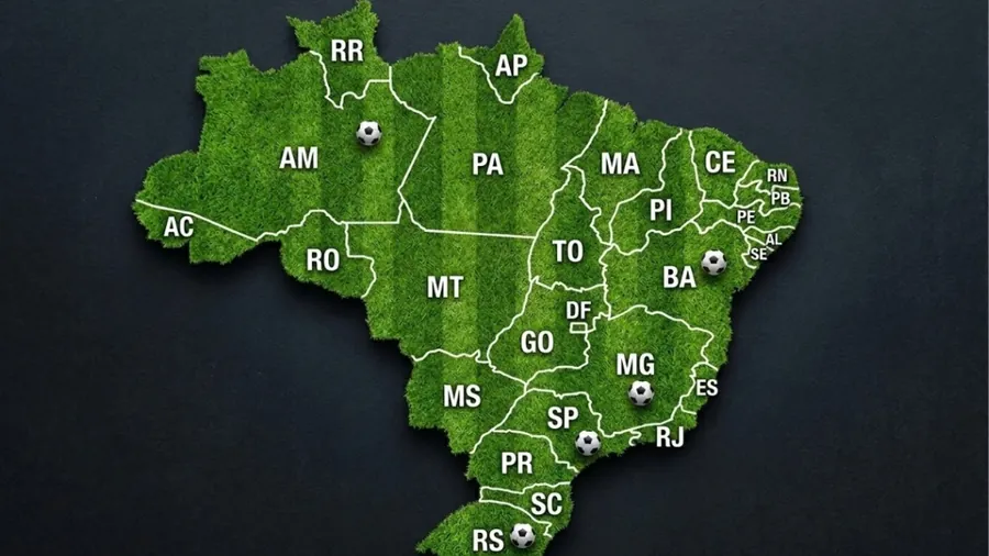 Mapa do futebol brasileiro com mais de 80 clubes catalogados e federações