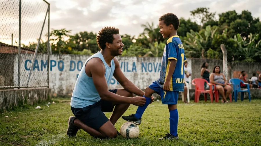 Pai orientando e apoiando o filho nos primeiros passos no futebol