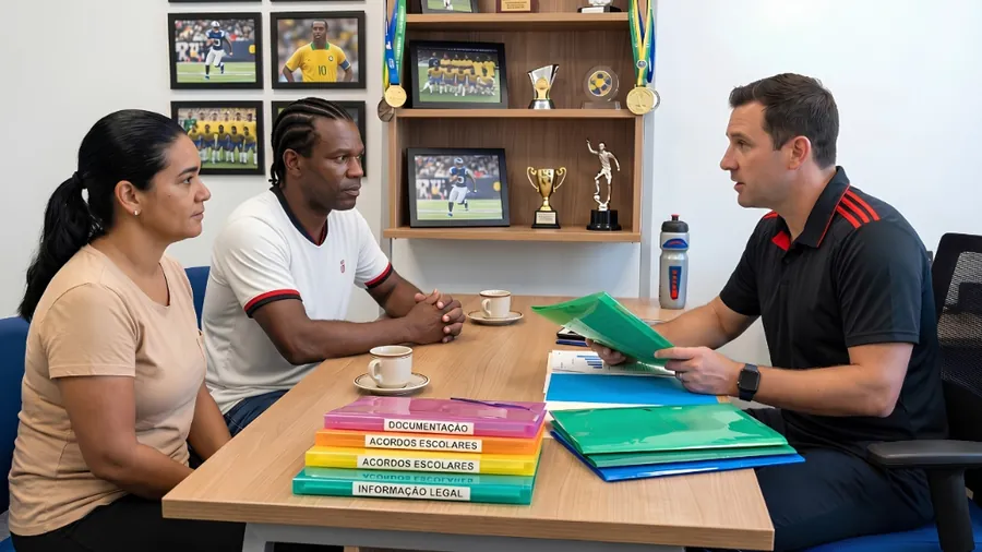 Pais em reunião com coordenador de clube analisando documentos